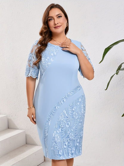 Elegant Embroidered Lace Midi Dress for Women with Round Neck Half Sleeve Bodycon Cocktail Style