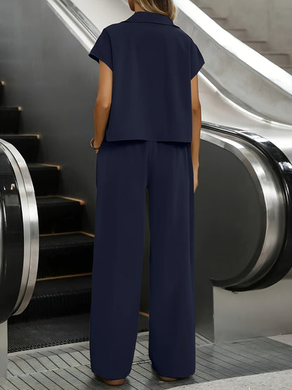 Effortless Utility Wide Leg Set for Women with Collar Cap Sleeve Cargo Pocket Two Piece Style