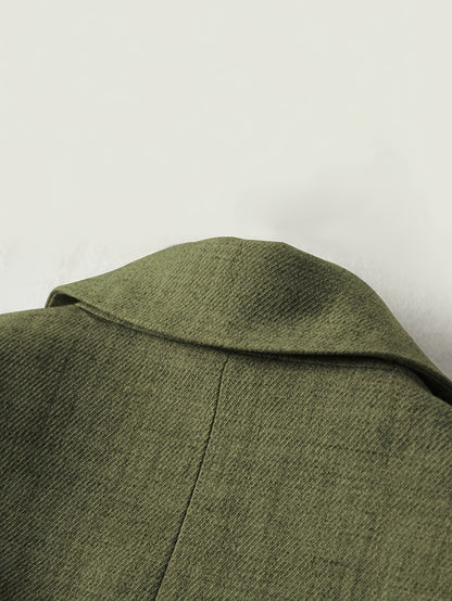 Elegant Fern Green Textured Blazer for Women with Notch Lapel Long Sleeve Striped Cuff Casual Style