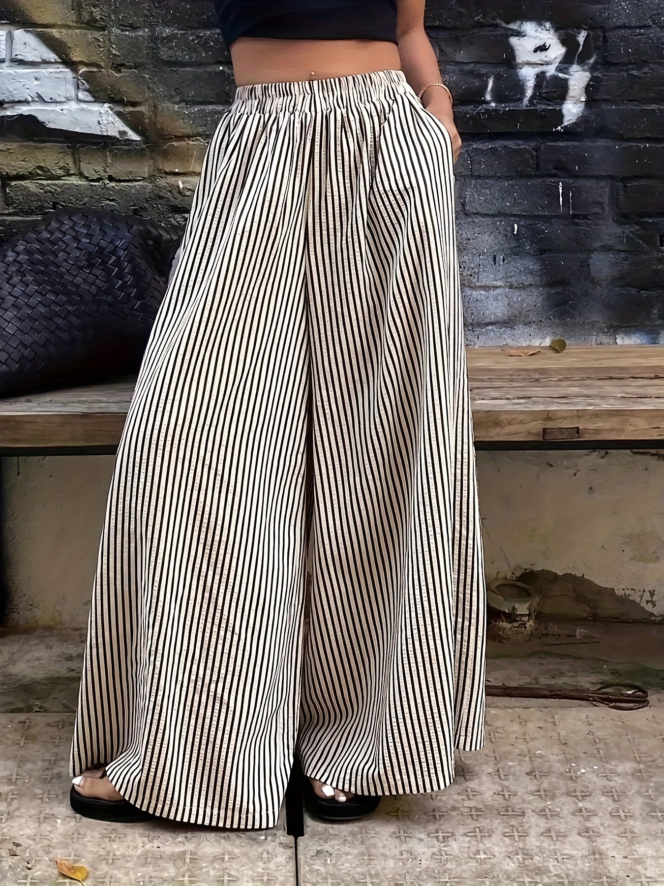 Effortless Apricot Striped Wide Leg Pants for Women with High Waist Elastic Waistband Flowing Relaxed Style
