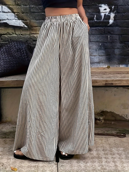 Effortless Apricot Striped Wide Leg Pants for Women with High Waist Elastic Waistband Flowing Relaxed Style