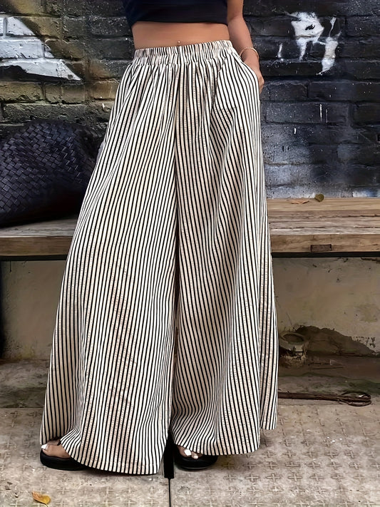 Effortless Apricot Striped Wide Leg Pants for Women with High Waist Elastic Waistband Flowing Relaxed Style