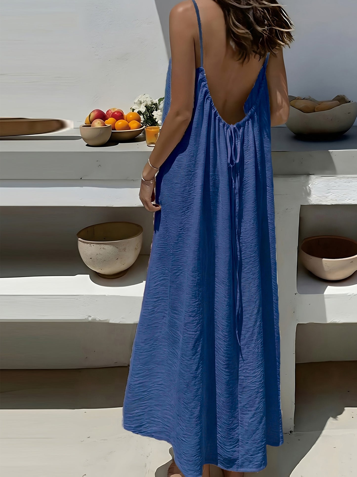 Effortless Textured Maxi Dress for Women with Backless Spaghetti Strap Drawstring Flowing Bohemian Style