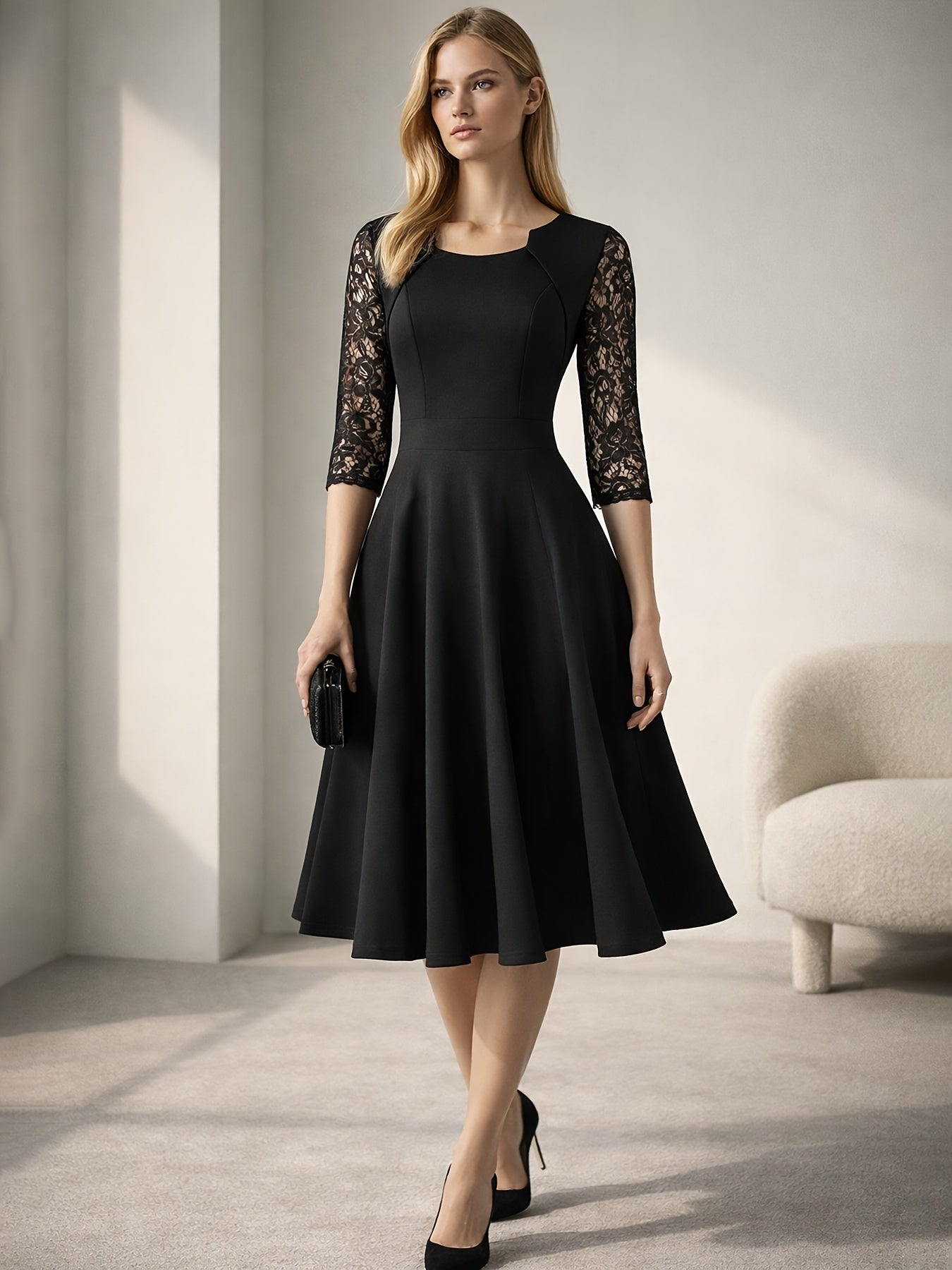 Vintage Floral Lace Party Swing Dress with a Square Neckline for Women