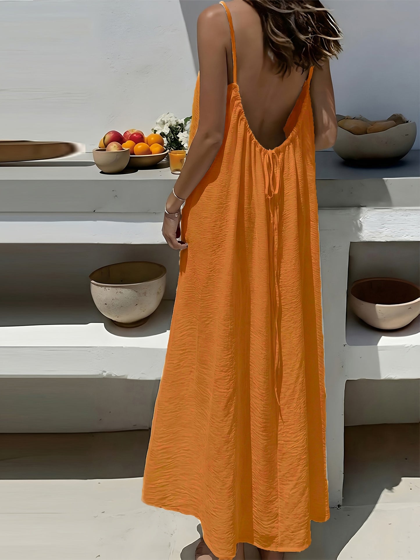 Effortless Textured Maxi Dress for Women with Backless Spaghetti Strap Drawstring Flowing Bohemian Style