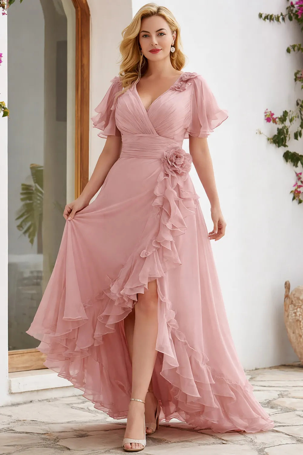 Elegant Blush Pink Chiffon Maxi Dress for Women with V Neck Flutter Sleeve Ruffle Cascade Wedding Guest Style
