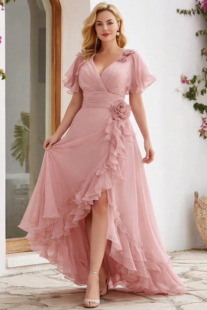 Elegant Blush Pink Chiffon Maxi Dress for Women with V Neck Flutter Sleeve Ruffle Cascade Wedding Guest Style