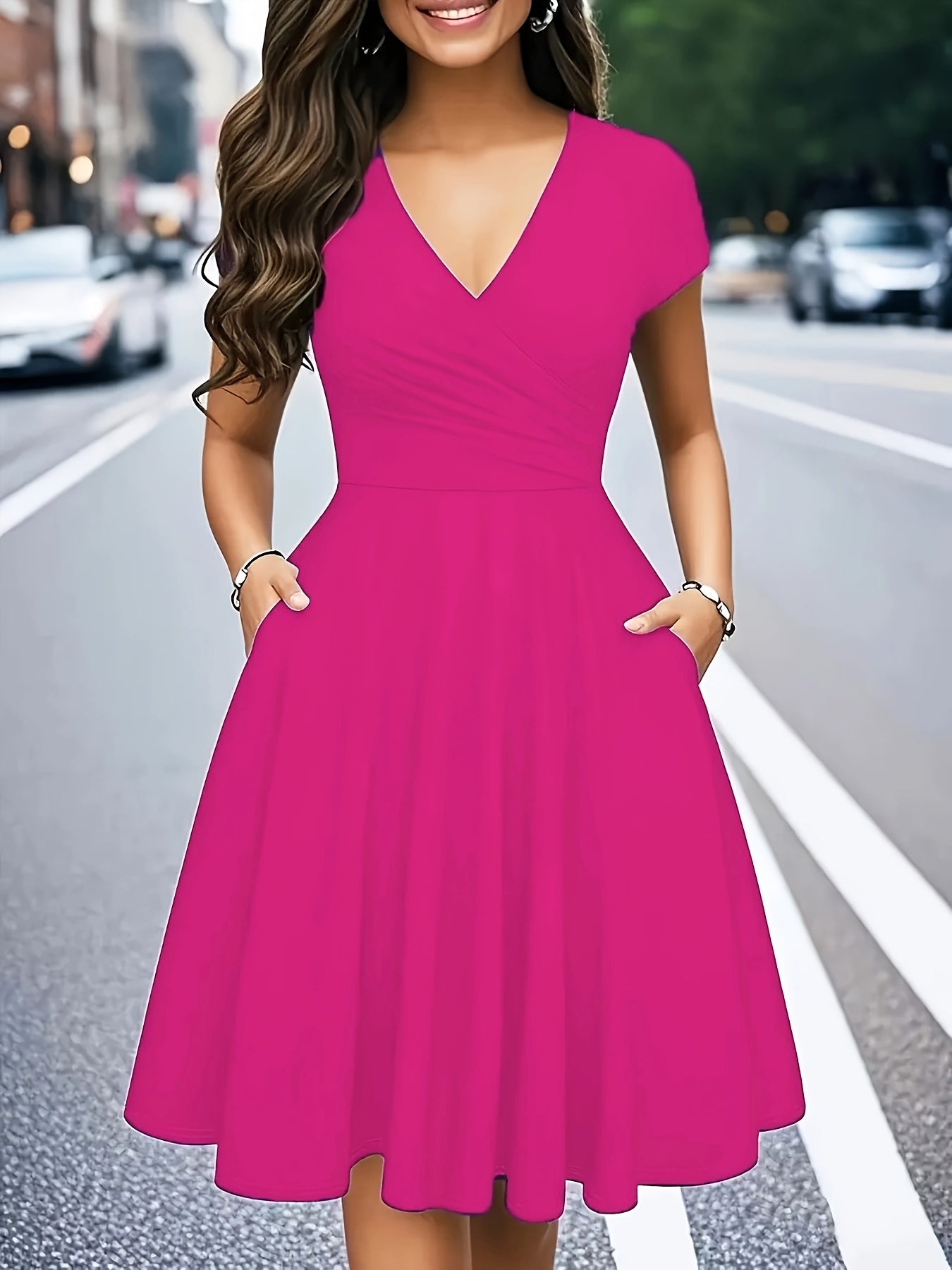 -Border Women'S Dress, Solid V-Neck Pocket A-Line Elegant
