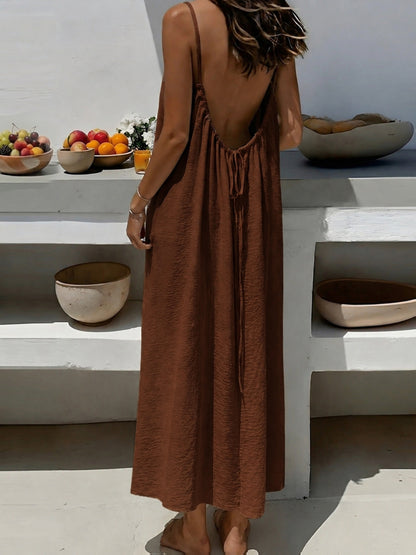 Effortless Textured Maxi Dress for Women with Backless Spaghetti Strap Drawstring Flowing Bohemian Style