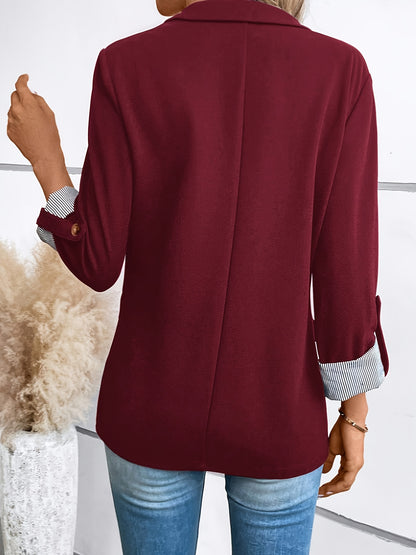Effortless Blazer for Women with Lapel Collar Long Sleeve Striped Cuff Open Front Casual Style