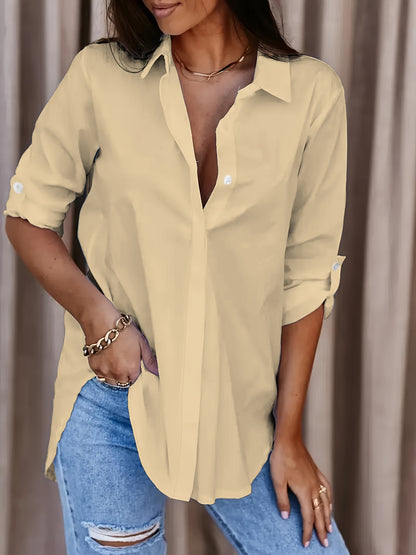 Effortless Blouse for Women with Collar Long Sleeve Roll Tab Oversized Casual Style