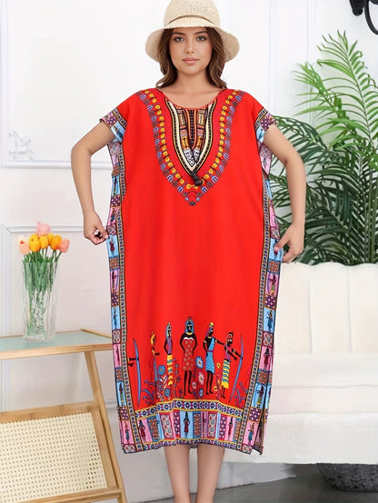 Effortless Tribal Print Kaftan Dress for Women with V Neck Short Sleeve Flowing Bohemian Style