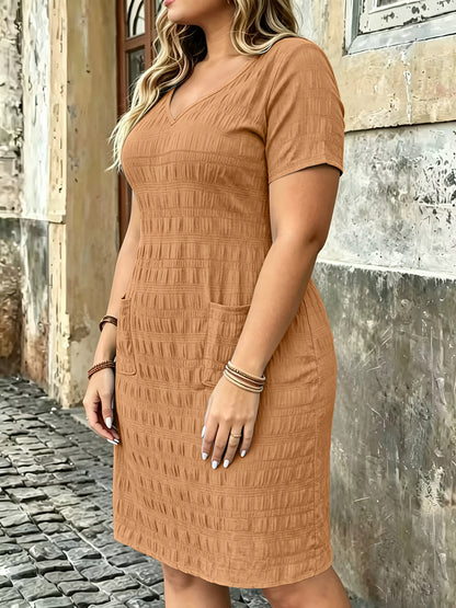 Plus Size Women'S Solid V-Neck Short Sleeve Dress, Pocket Style Summer Casual Dress