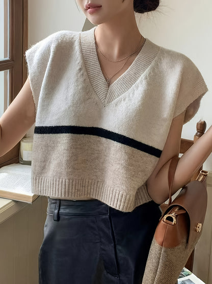 Elegant Apricot Striped Sweater Vest for Women with V Neck Sleeveless Cropped Colorblock Knit Style