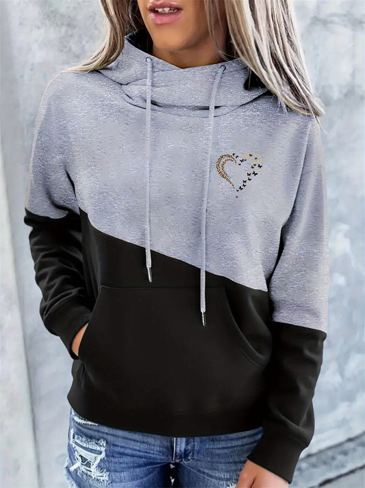 Comfortable Colorblock Graphic Hoodie for Women with Cowl Neck Long Sleeve Kangaroo Pocket Relaxed Style