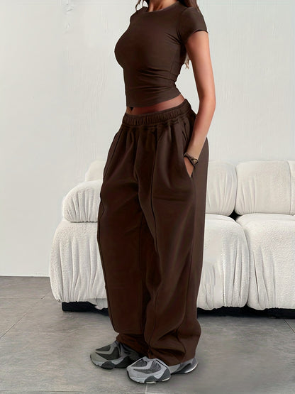 Effortless Wide Leg Sweatpants for Women with High Waist Elastic Pocket Relaxed Baggy Casual Style