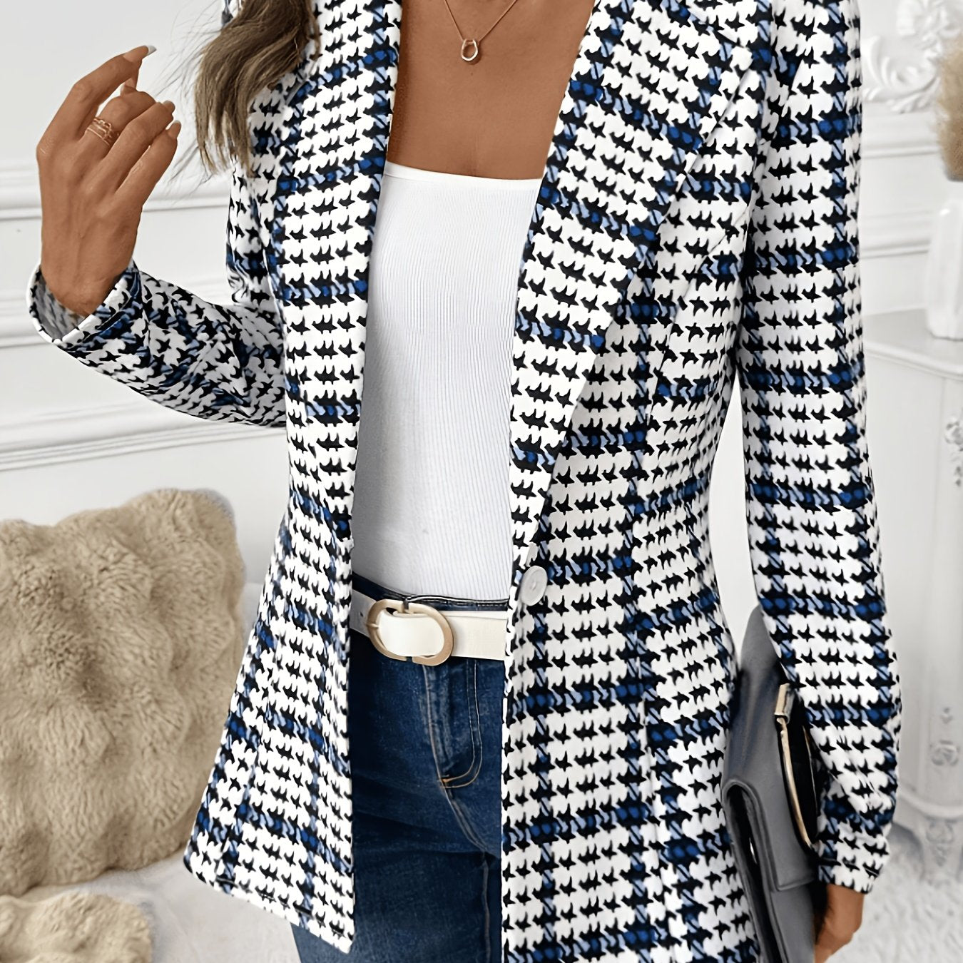 Elegant Black and Blue Houndstooth Blazer for Women with Notched Collar Long Sleeve Tailored Single Button Casual Style