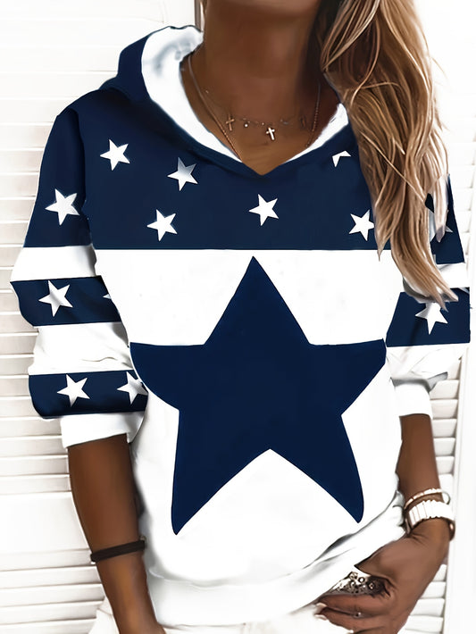 Comfortable Navy Star Print Hoodie for Women with Hooded Long Sleeve Color Block Relaxed Style