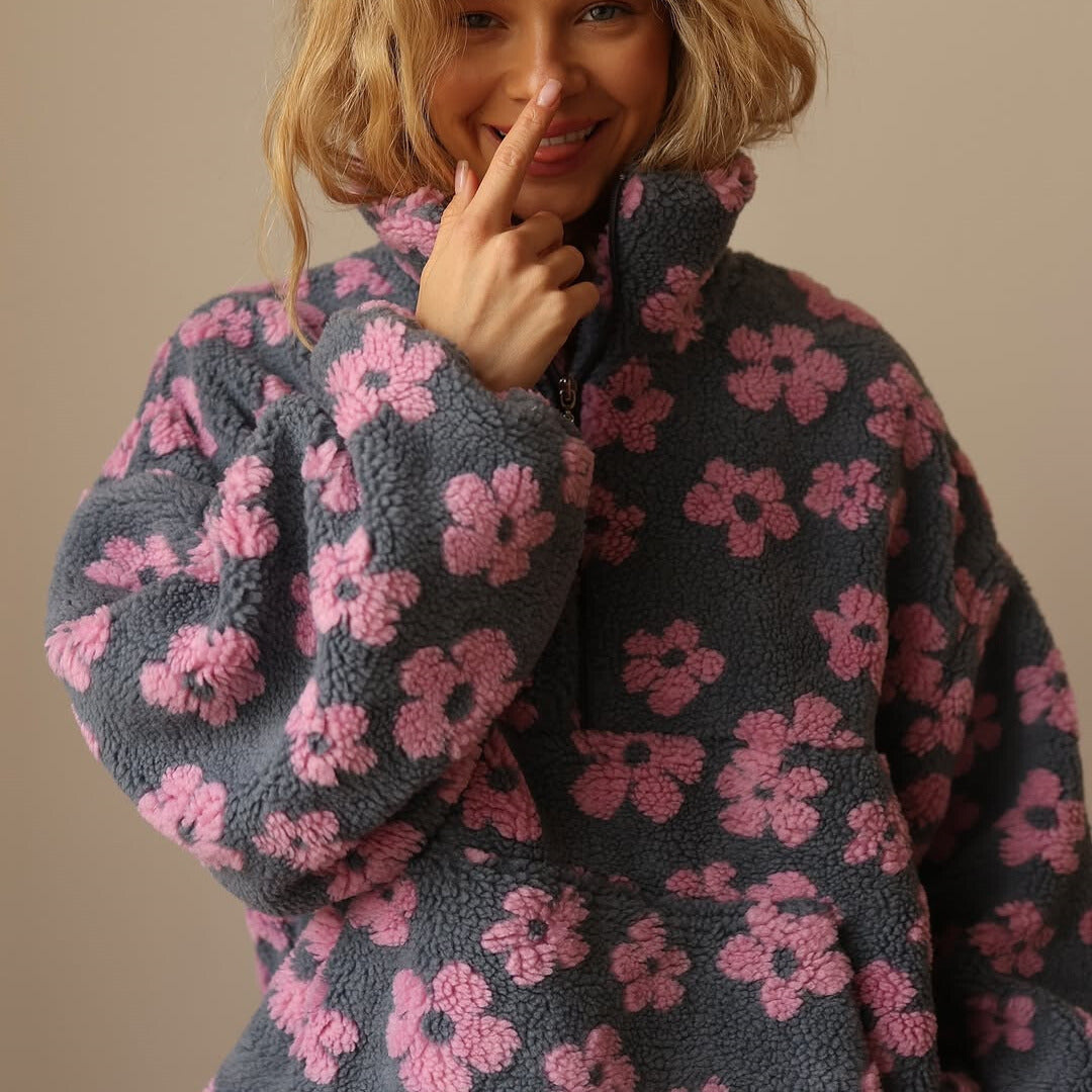 Comfortable Floral Sherpa Pullover for Women with Collar Quarter Zip Long Sleeve Oversized Style