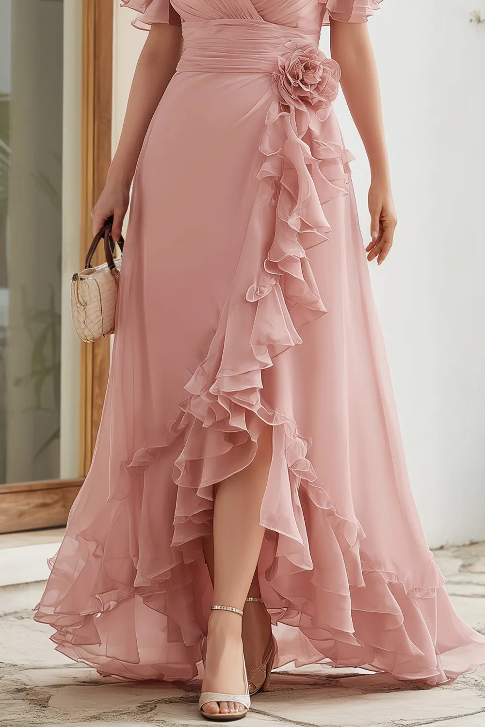 Elegant Blush Pink Chiffon Maxi Dress for Women with V Neck Flutter Sleeve Ruffle Cascade Wedding Guest Style