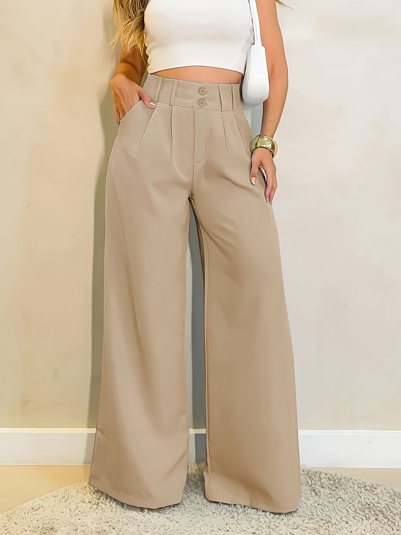 Elegant Tailored Wide Leg Pants for Women with High Waist Button Front Pleated Relaxed Style