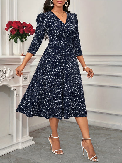 2026 New Valentine's Day/New Year Party/Suitable for Daily Work Wear/Suitable for All Seasons Elegant Fashion Versatile Daily Date V-Neck 3/4 Sleeve Waist Flared Long Red and Blue Women's Elegant Dress, Women's Polka Dot Small Heart Print Dress