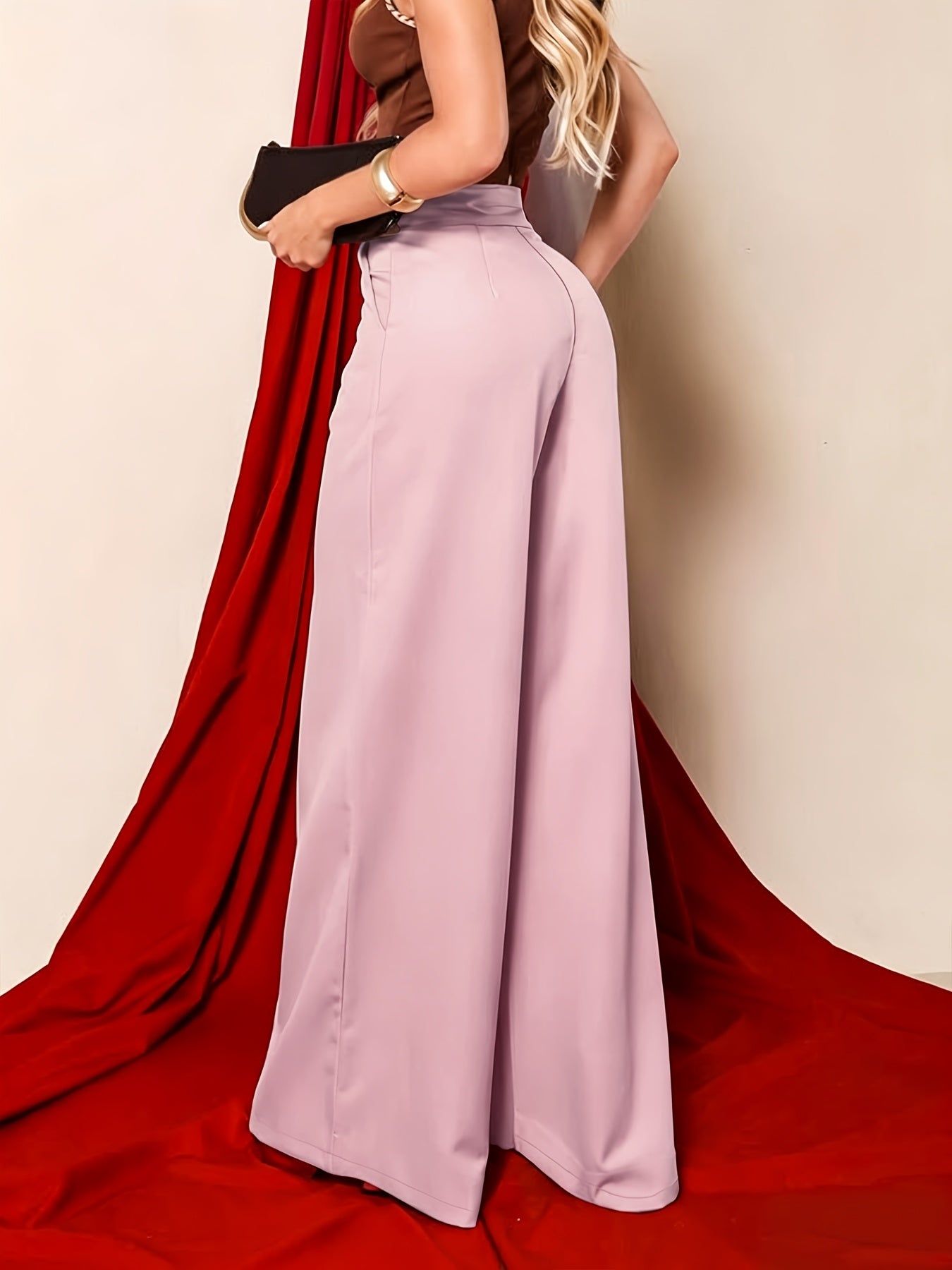 Elegant Khaki Wide Leg Pants for Women with High Waist Pintuck Tailored Formal Style