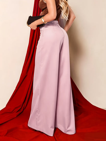 Elegant Khaki Wide Leg Pants for Women with High Waist Pintuck Tailored Formal Style