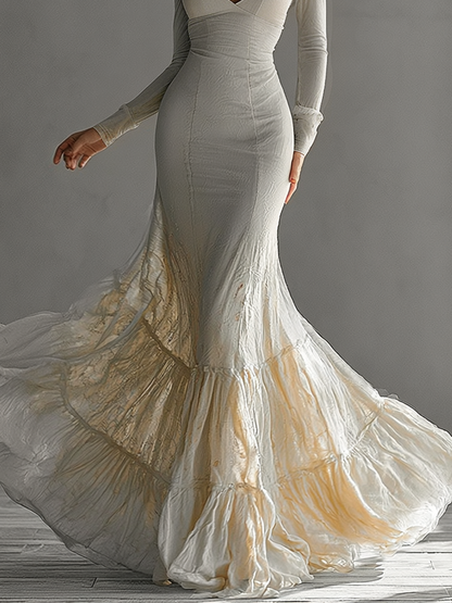 Elegant Beige Mermaid Maxi Dress for Women with V Neck Long Sleeve Tiered Ruffle Flowing Style