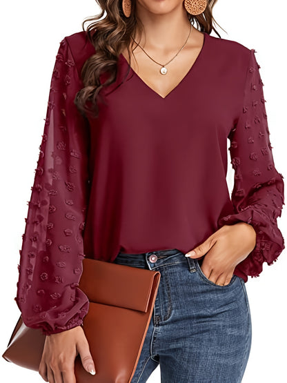 Effortless Swiss Dot Blouse for Women with V Neck Bishop Sleeve Textured Chiffon Casual Style