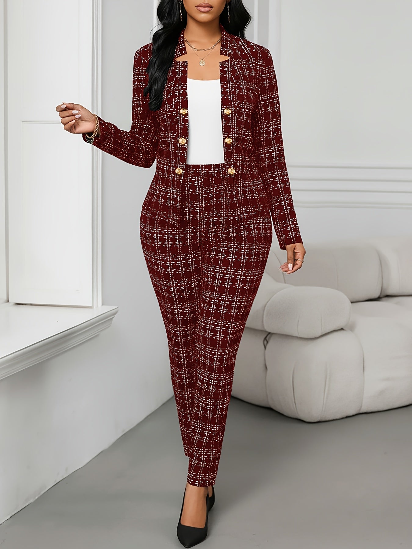 Elegant Plaid Two Piece Set for Women with Open Front Button Jacket Skinny Pant Formal Style