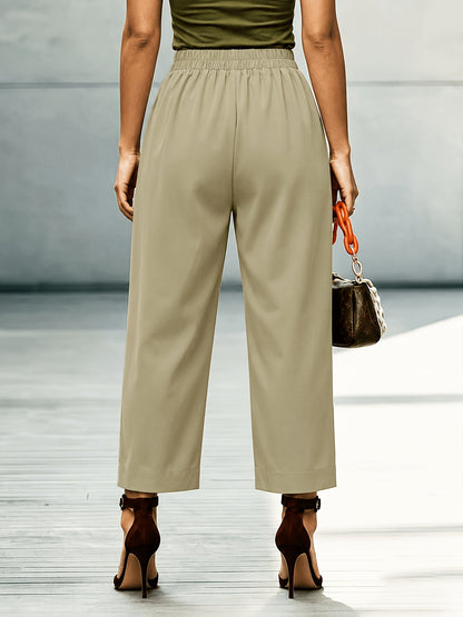 Effortless Khaki Wide Leg Pants for Women with High Waist Pleated Button Trim Tapered Style