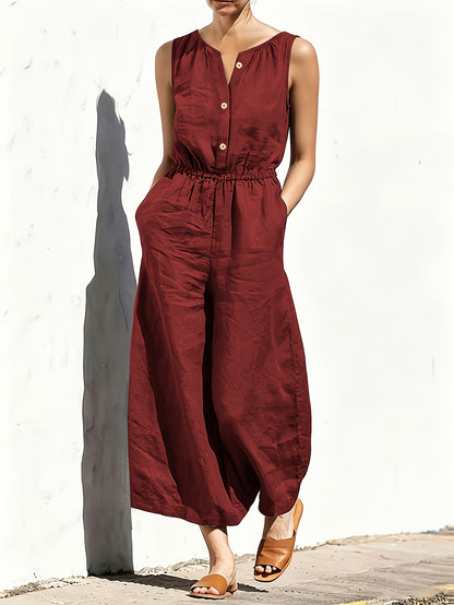 Commuting Style Navy Jumpsuit Sleeveless Button Waist Wide-Leg Casual Jumpsuit