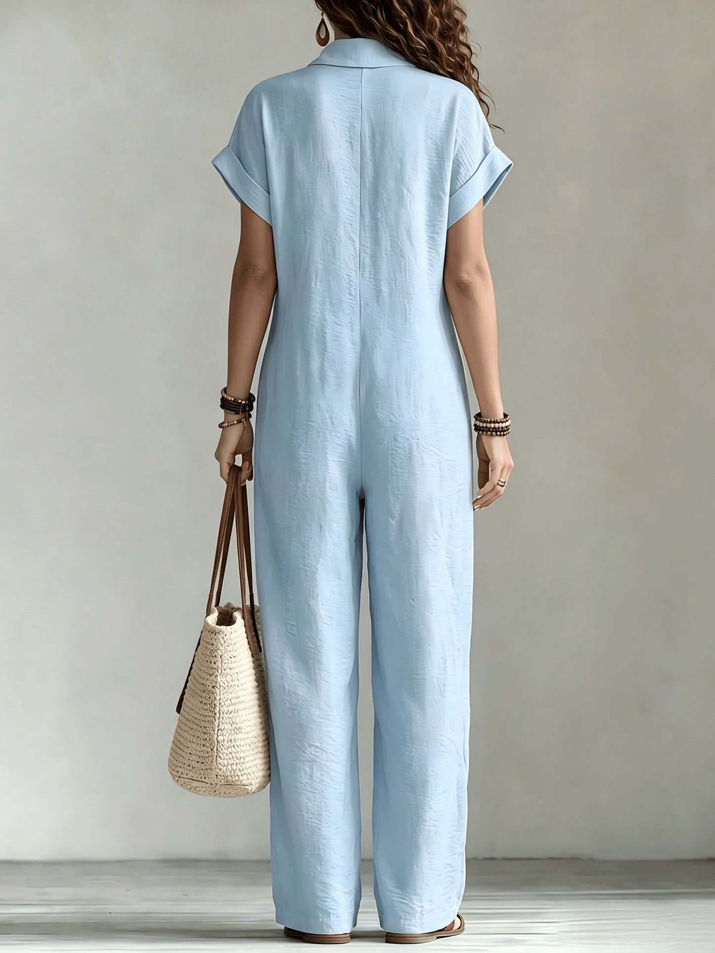 Women'S Summer Short Sleeve Jumpsuit, Collared Single-Row Button Loose Straight Style, Casual Cargo Overalls, Loose Straight Drape Long Pants, Daily Commute Casual All-Match Fashion Comfortable