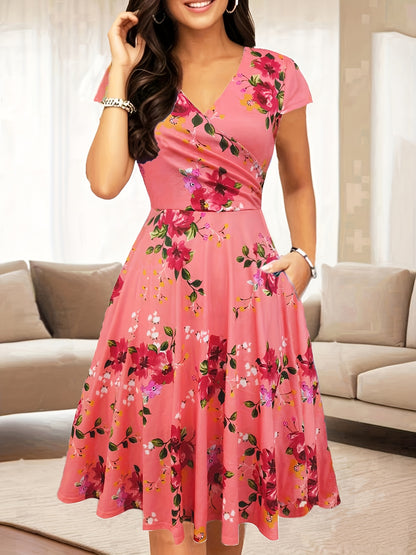 Western Foreign Trade Cross-Border Women'S V-Neck Vintage Ladies Casual Elegant Temperament Flared Knee-Length Pocket Dress