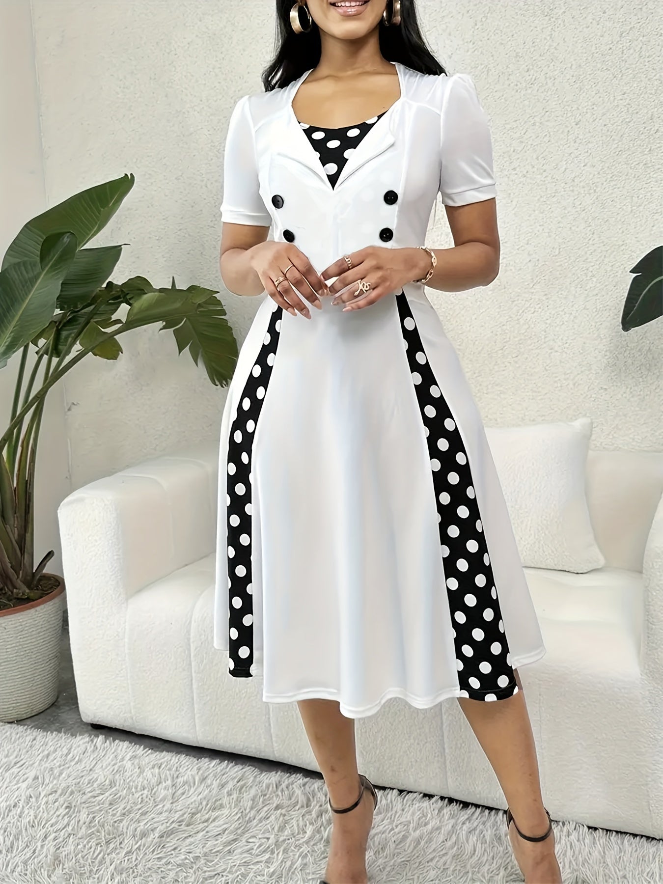 Plus Size, Women's Plus Size Short Sleeve Polka Dot Dress - Elegant Short -Line Dress with Smock Neckline, Short Sleeves & Short, Machine Washable Year-Round Dress for Casual to Semi-Formal Wear