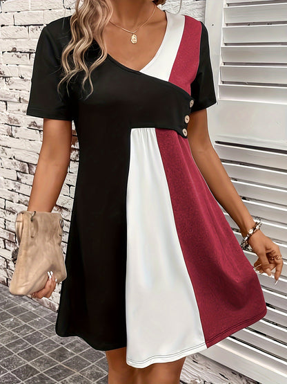 Effortless Colorblock Mini Dress for Women with Asymmetric V Neck Short Sleeve Button Detail Casual Style