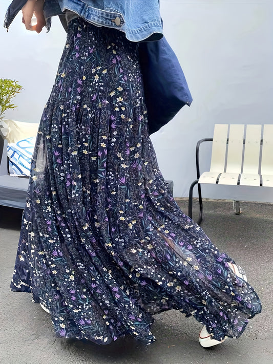 Elegant Blue Floral Maxi Skirt for Women with Smocked Waist Tiered Ruffle Flowing Bohemian Style