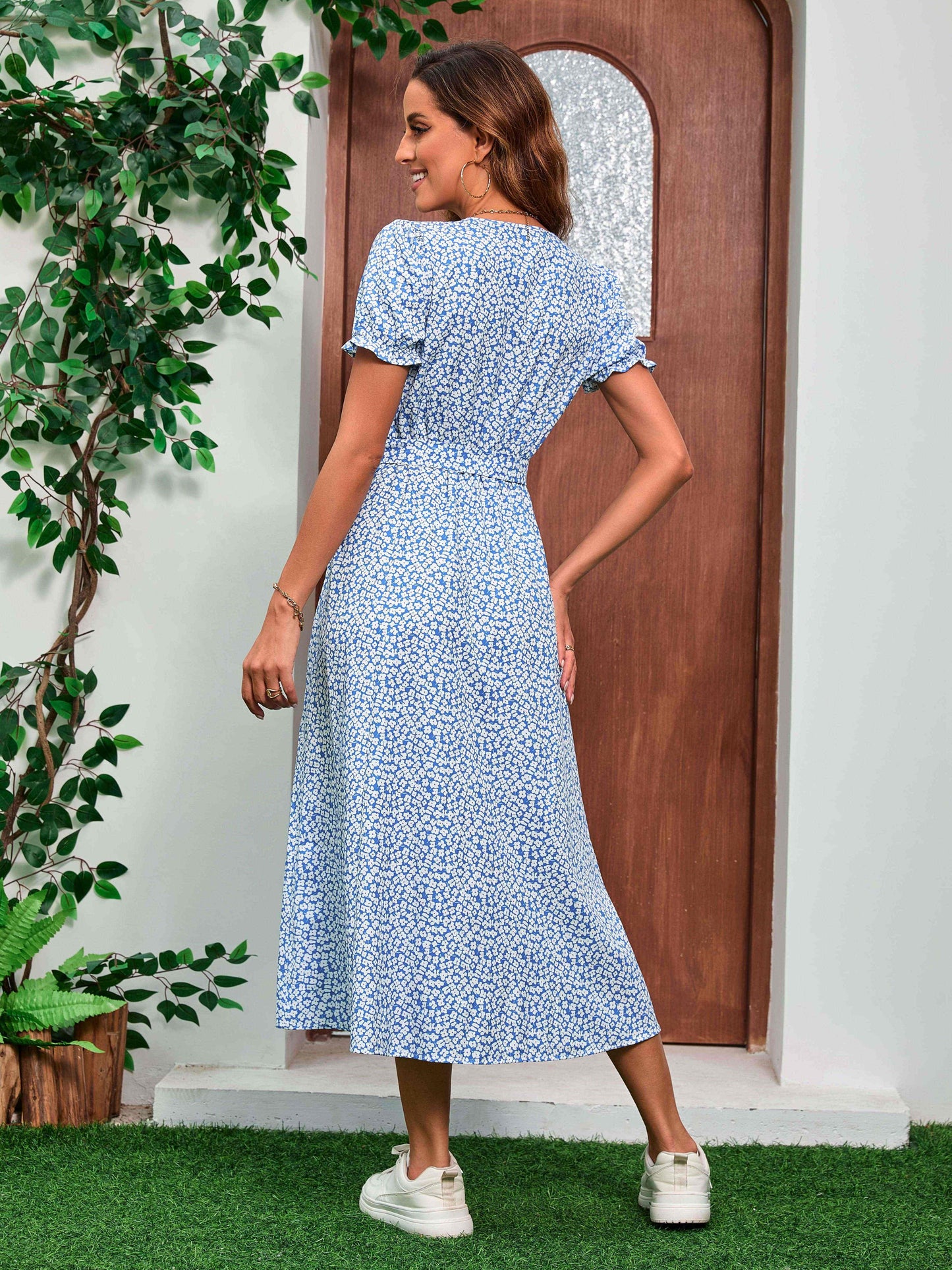 Chic Floral Print Tie-Side Ruffled Detail Spring Maxi Dress