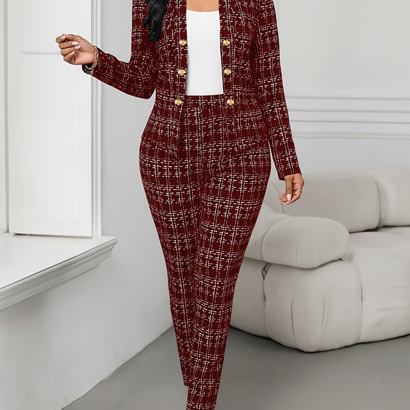 Elegant Plaid Two Piece Set for Women with Open Front Button Jacket Skinny Pant Formal Style