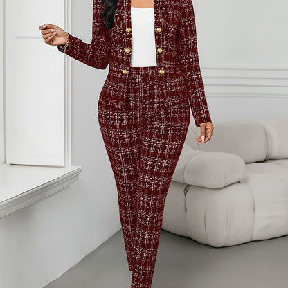 Elegant Plaid Two Piece Set for Women with Open Front Button Jacket Skinny Pant Formal Style