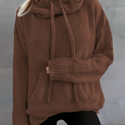 Comfortable Knit Sweater for Women with Cowl Neck Long Sleeve Drawstring Oversized Style