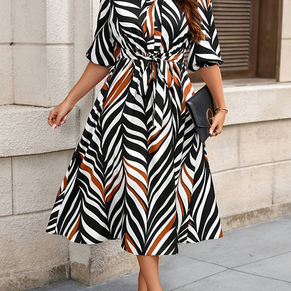 Women's Elegant Long Dress with Belt, V-Neck Leaf Patterned Brown Striped Black and White, Suitable for Festive Occasions Like New Year, Valentine's Day, Plus Size