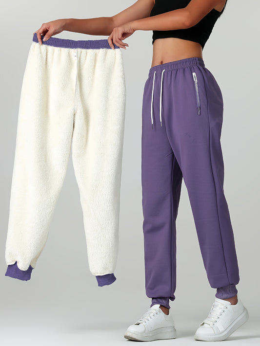 1pc of Autumn/winter Women's Long Pants, -lined Warm Casual Sweatpants for Women, Featuring an Elastic Drawstring Waist, Angled High Quality Zippered Pockets, and Windproof Thermal Cuffed Pants, Suitable for Daily Winter Wear at Home
