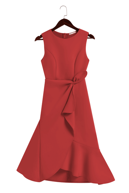 Elegant Draped Midi Dress for Women with Boat Neck Sleeveless Asymmetric Ruffle Hem Cocktail Style