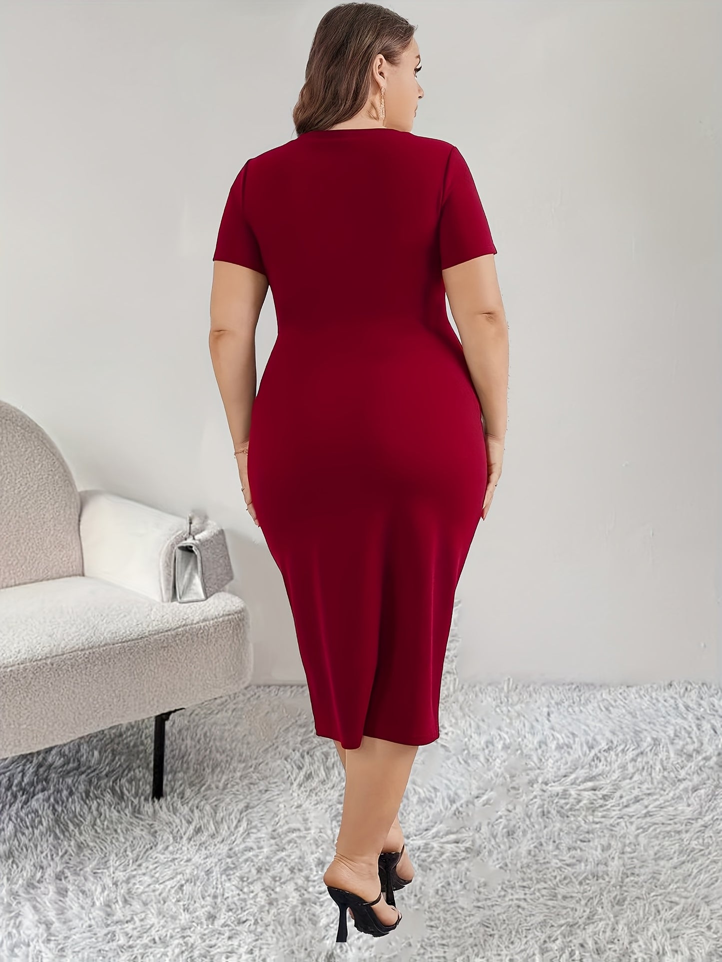 Plus Size - Plus Size - New Spring And Summer Solid Color Round Neck Buttoned Fitted Short Sleeve Stretchy Split Bodycon Dress
