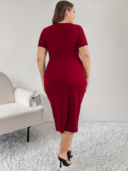 Plus Size - Plus Size - New Spring And Summer Solid Color Round Neck Buttoned Fitted Short Sleeve Stretchy Split Bodycon Dress