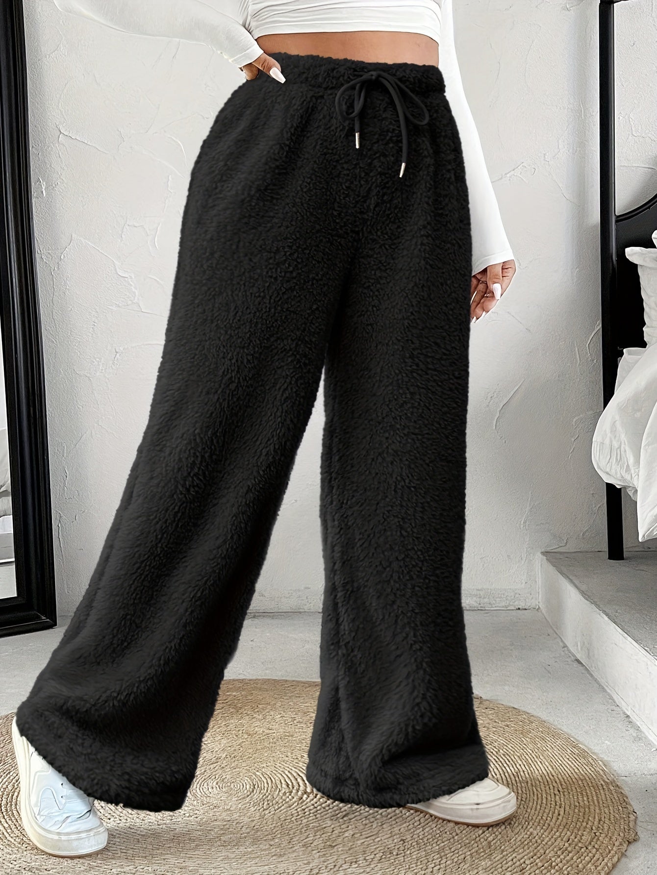 Plus Size -Adult Plus Size Clothing Autumn Winter Casual Reversible Plush Thick Warm Waistband Drawstring Loose Drape Wide Leg Pants