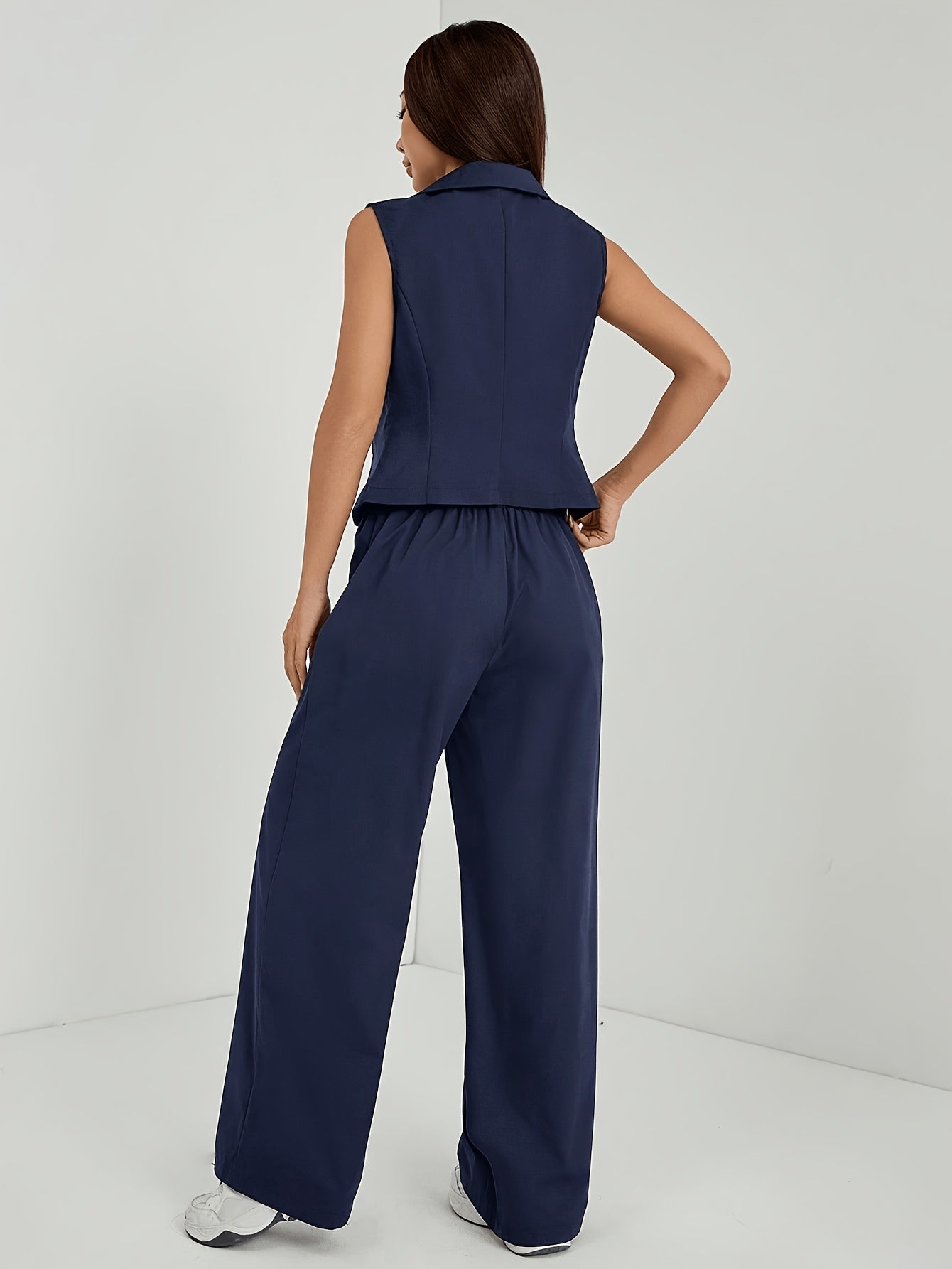 Effortless Navy Blue Two Piece Set for Women with Lapel Collar Sleeveless Vest Wide Leg Pant Casual Style