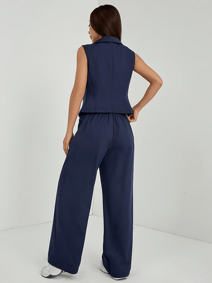 Effortless Navy Blue Two Piece Set for Women with Lapel Collar Sleeveless Vest Wide Leg Pant Casual Style